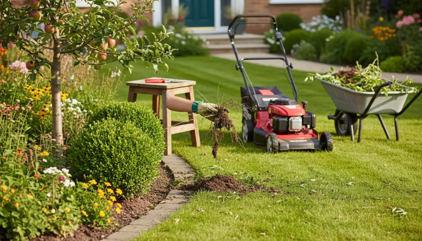Forhave hvor ukrudt trækkes op, et æbletræ er beskåret og en motorklipper står klar på nyklippet græs.