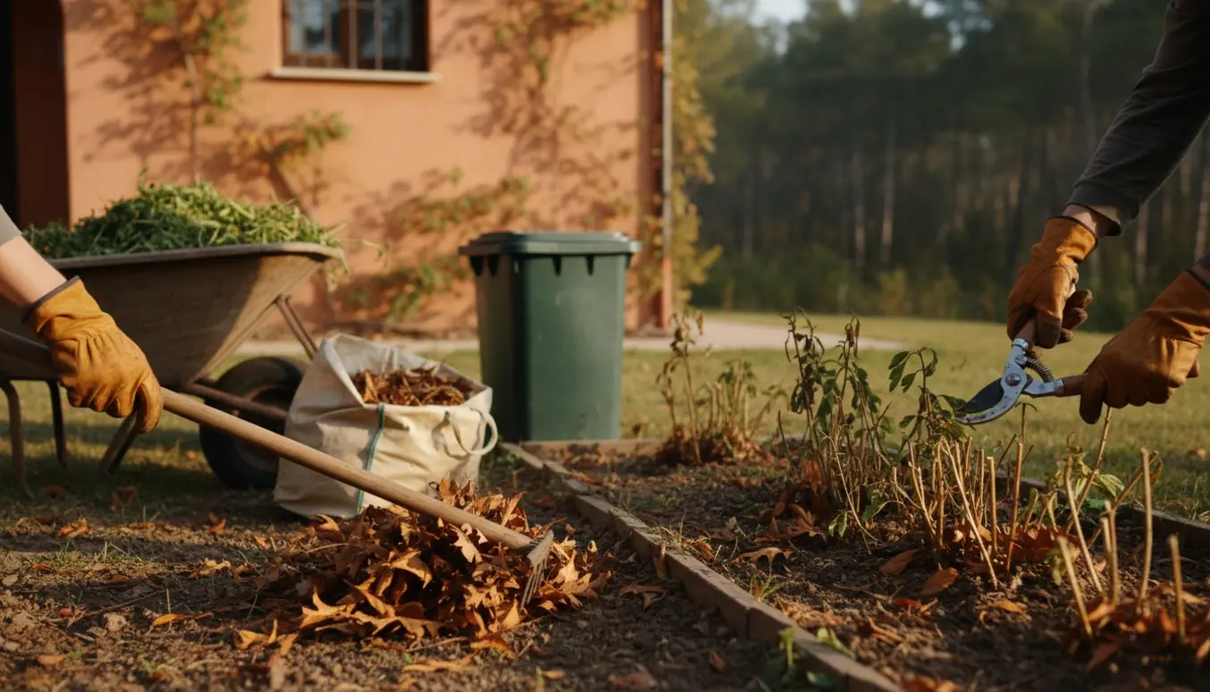 Hænder i handsker rydder blade og luger ukrudt i en villahave ved skovkanten.