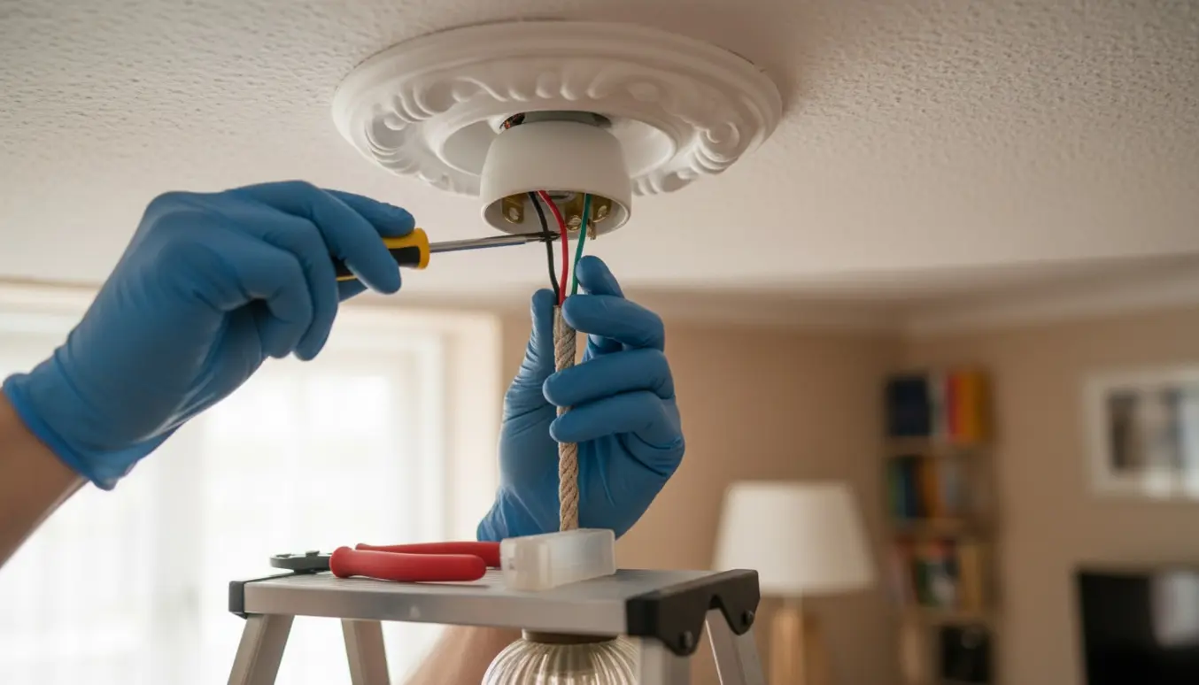 Hænder med isolerede handsker strammer en løs skrue i fatningen under en loftroset.