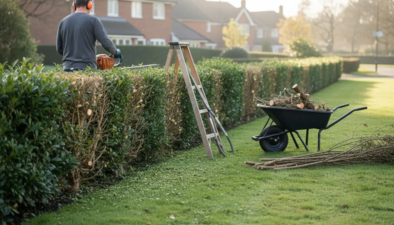 Lang hæk i en forhave under hækklipning med værktøj og bunker af afklippede grene.