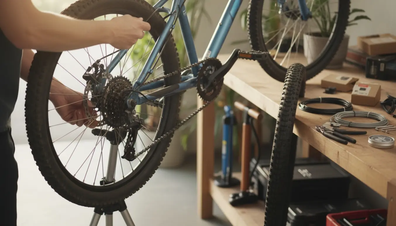 Nærbillede af en børnecykel på værksted med hænder, der skifter bremseklodser og bagdæk.