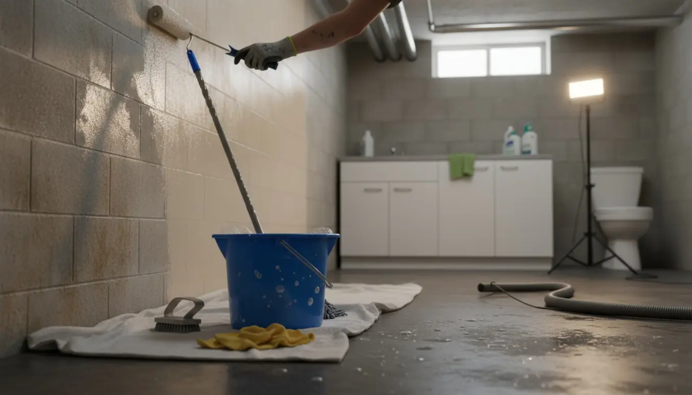 Kælder med nymalet væg i forgrunden og gulvvask på gang, værktøj og rengøringsmidler tydelige.