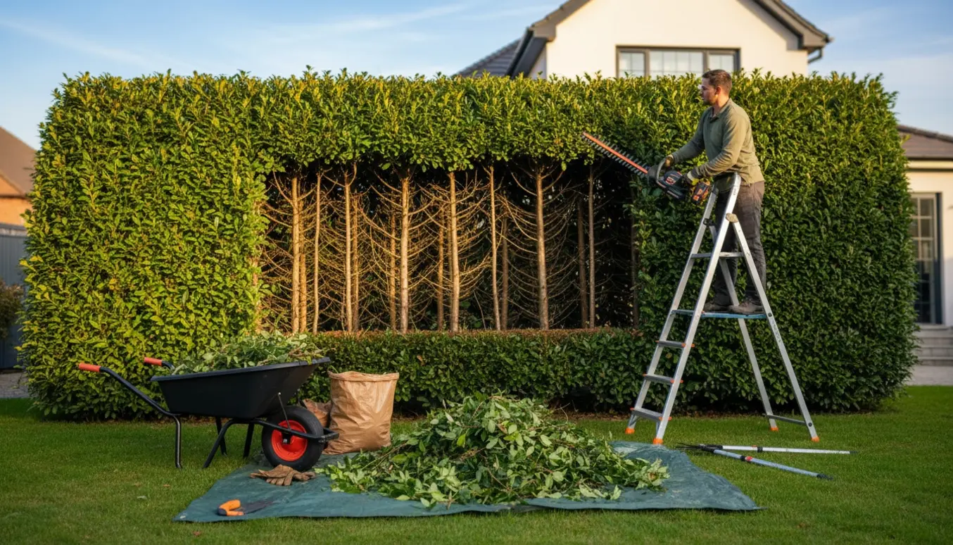Hæk trimmes og en sektion fjernes i en solrig have med afklippede grene og en trillebør.