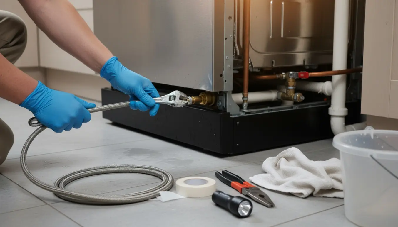 Udskiftning af vandtilførselsslange på en indbygget opvaskemaskine med værktøj og spand under køkkenbordet.