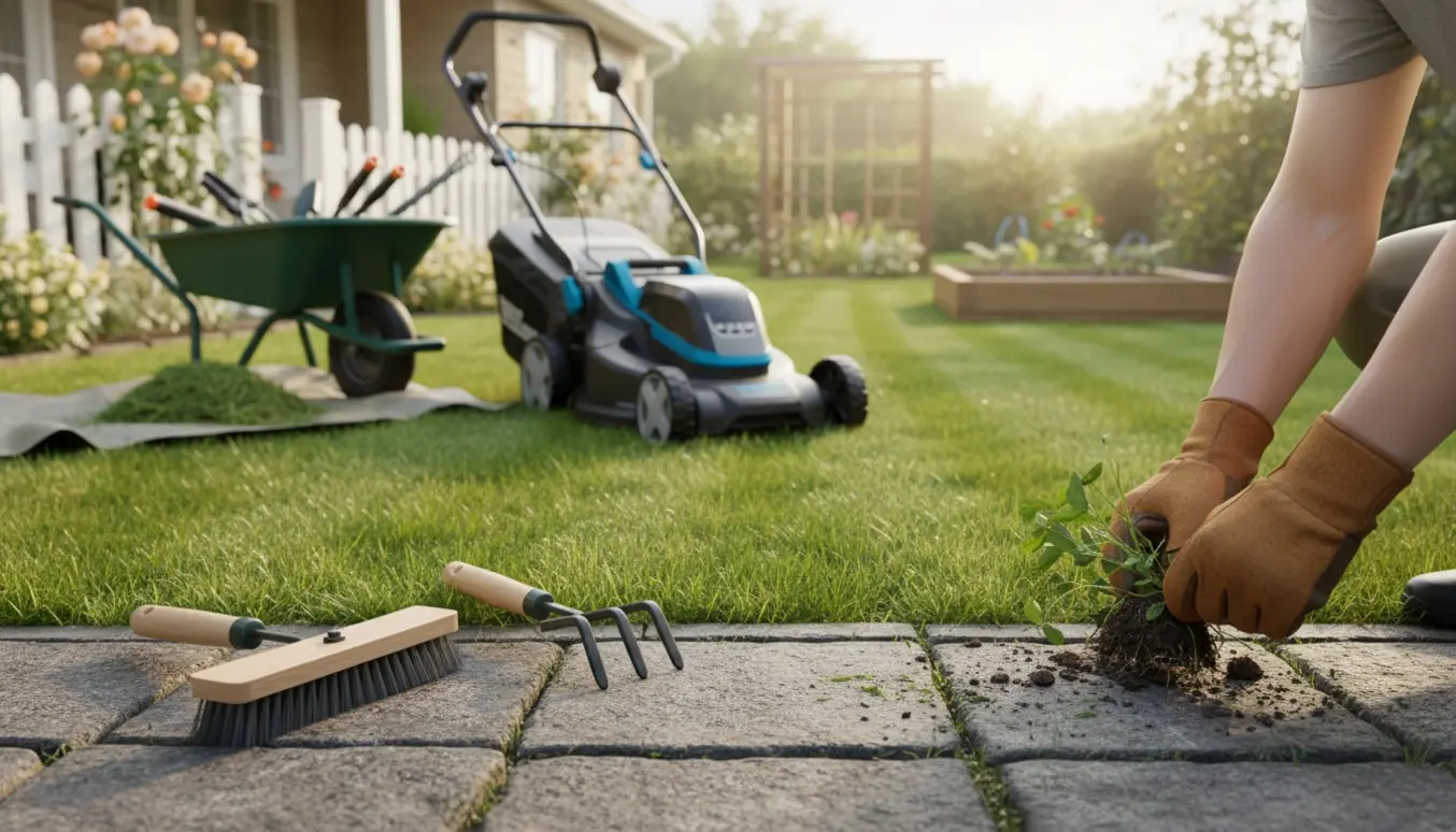 Nærbillede af græsslåning og ukrudtsfjernelse på fliser i en lille for- og baghave.