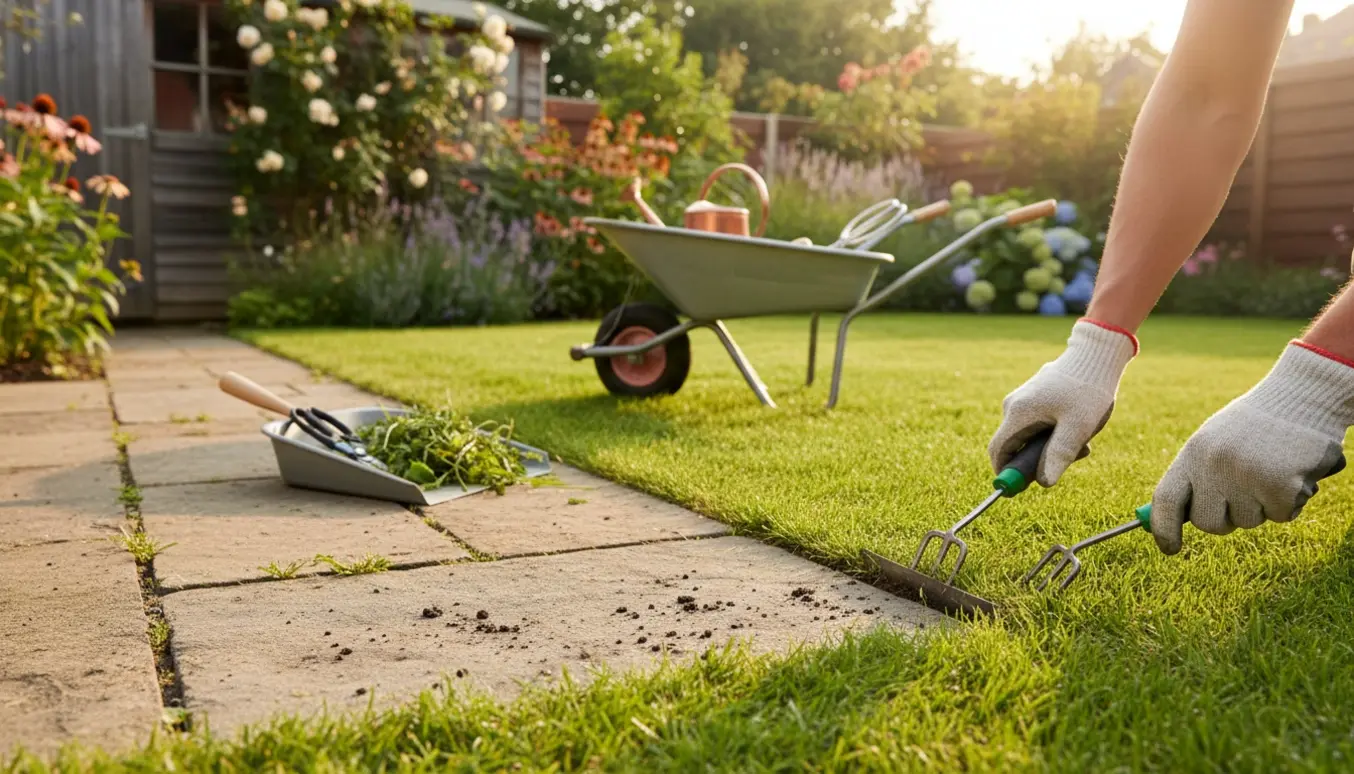 Nærbillede af let havearbejde med rensning af ukrudt mellem fliser og beskæring af græskanter i en solrig have.