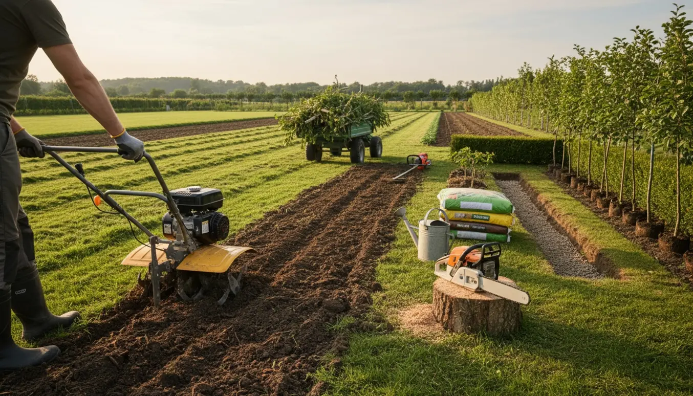 Stor have under vedligeholdelse med fræser, havetraktor, motorsav, drænrende og nysåede planter.