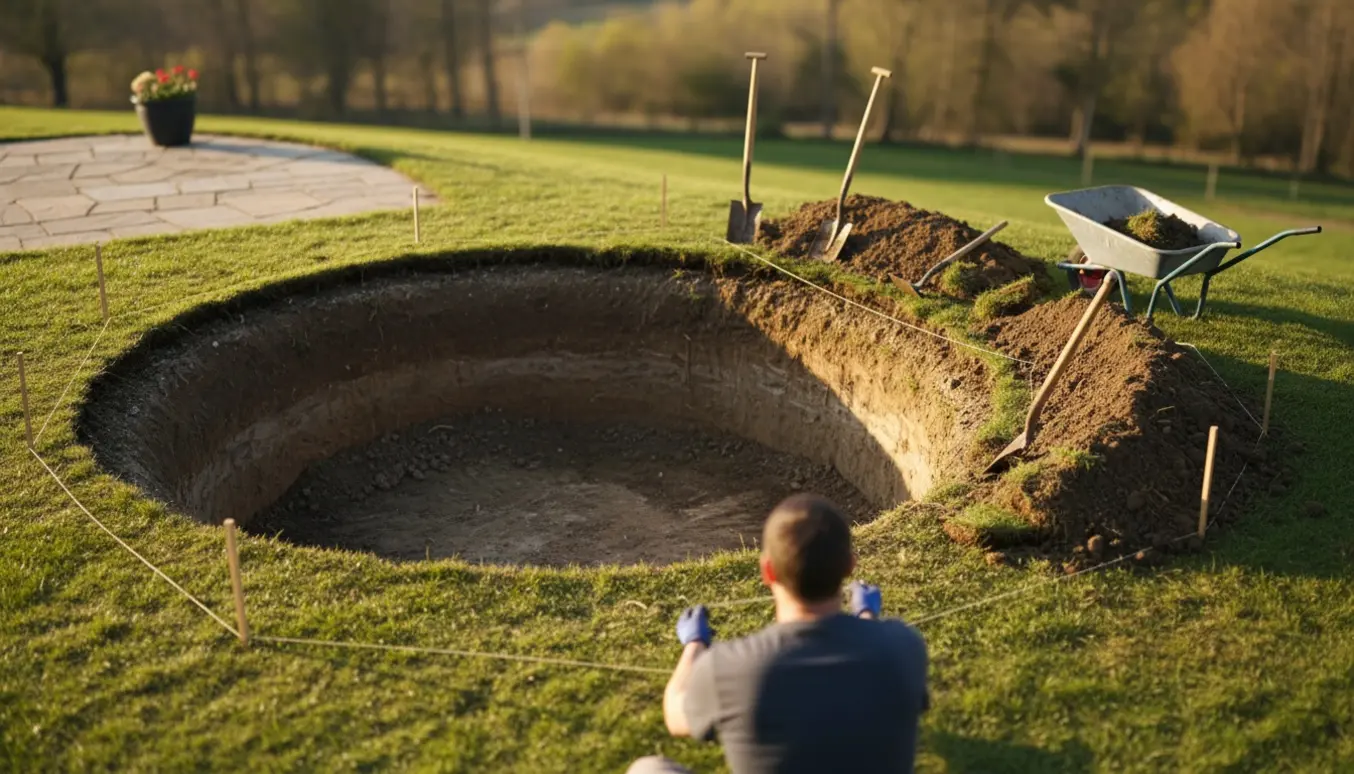 Delvist udgravet trampolinhul i en skrånende baghave med skovle og trillebør ved en jordvold.