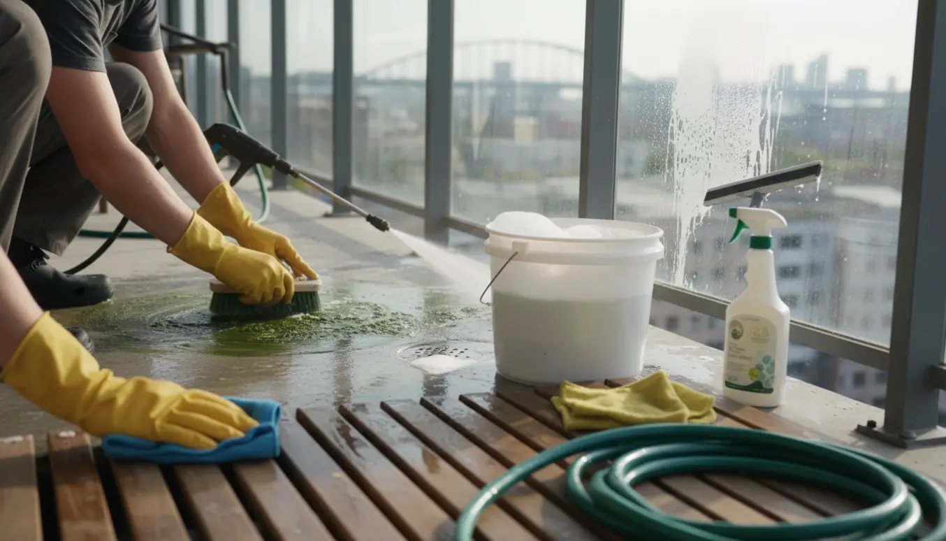 Nærbillede af altanrengøring med hænder der skrubber alger af beton, pudser glas og aftørrer tremmer.