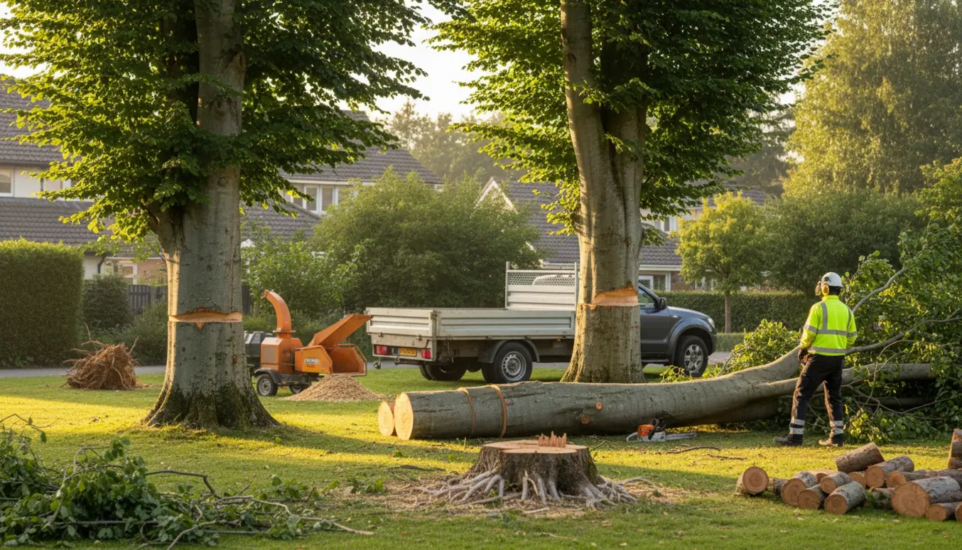 To fældede bøgetræer skæres op i haven med flis, stammer og en trailer klar til bortskaffelse.