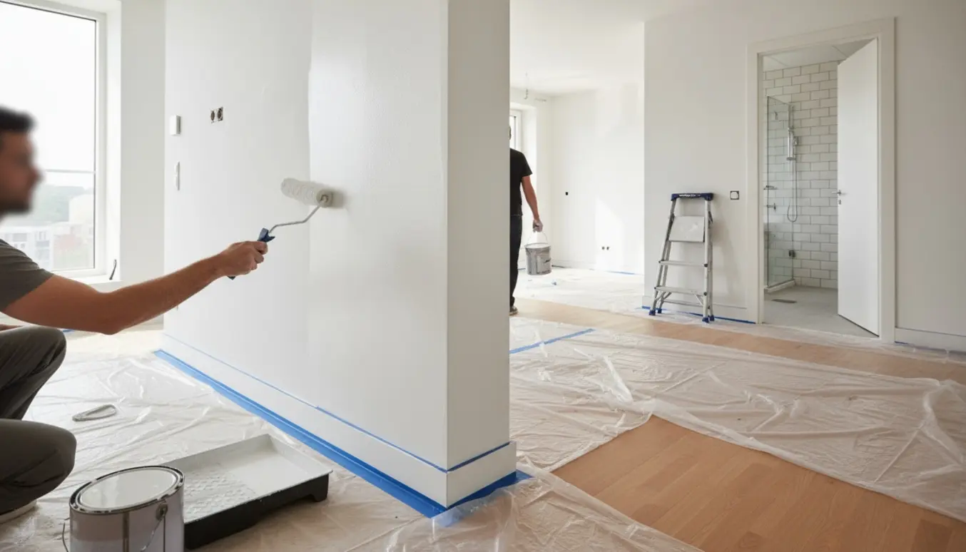 Flyttemaling i en lys, moderne lejlighed med maleruller, afdækningsduge og åbne døre til værelse og badeværelse.