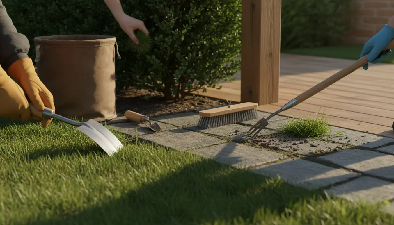 Hænder i handsker afretter en græskant og fjerner ukrudt mellem fliser ved en terrasse.
