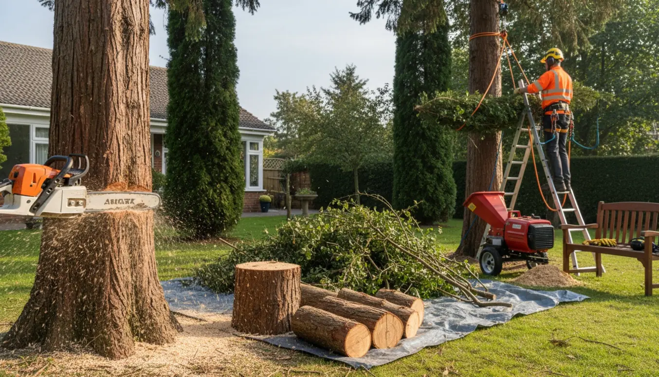 Træfældning i en parcelhushave med to cypresser og et nåletræ, savsmuld og stabler af stammer.
