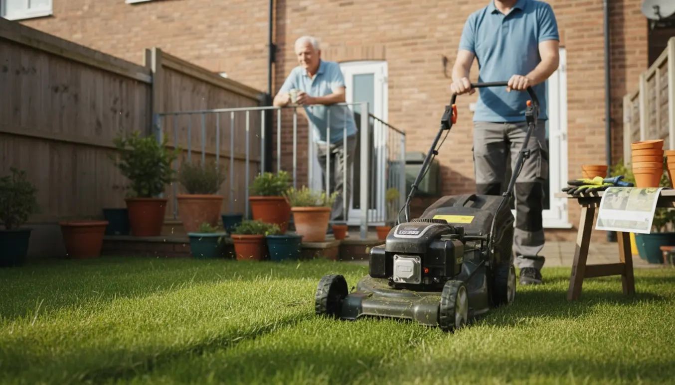 En hjælper slår græs i en lille have ved et rækkehus, mens beboeren ser til med ryggen vendt.