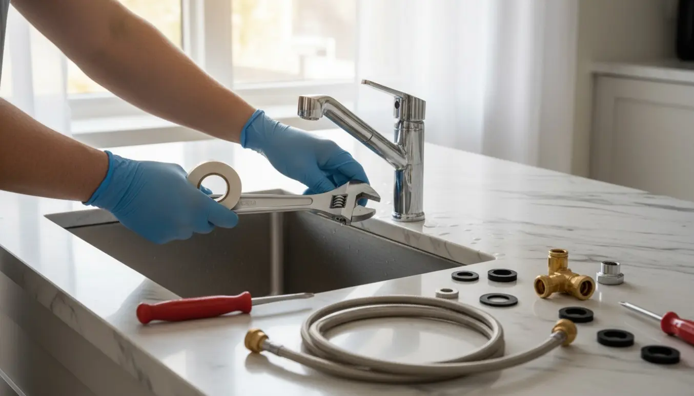 Hænder monterer en ny vandhane ved en køkkenvask med værktøj og reservedele.