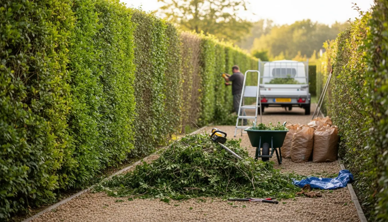Lang liguster- og tjørnehæk nyklippet med bunker af afklip, skovl og affaldsposer klar til bortkørsel.