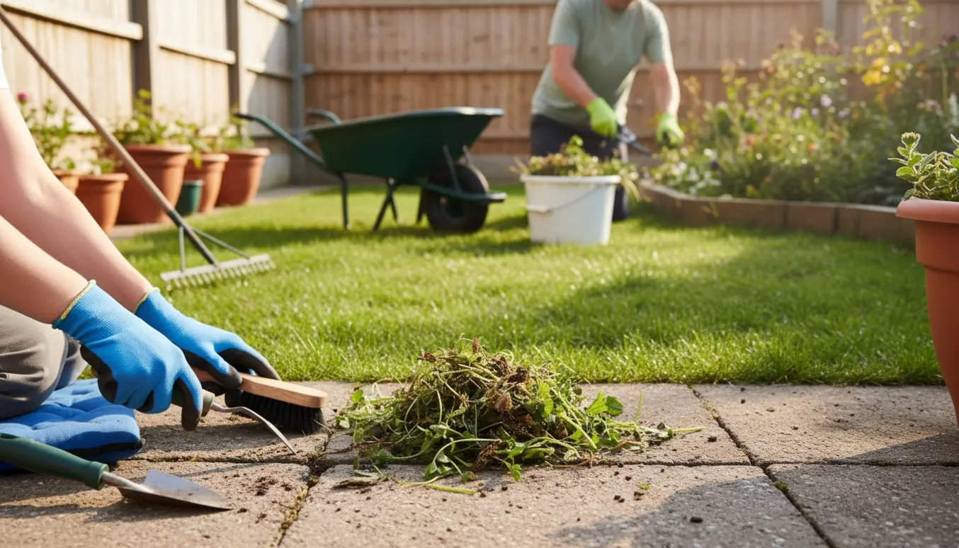Solbeskinnet lille have med hands-on ukrudtsfjerning mellem terrassefliser og rensede bede.