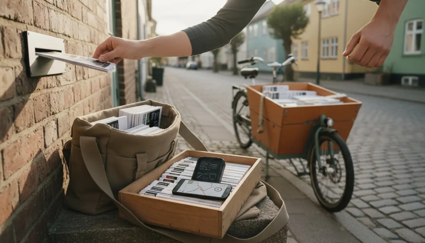Hånd putter en A5-flyer i en privat postkasse ved en taske og cykel med kasser fulde af flyers og en telefon med rute.