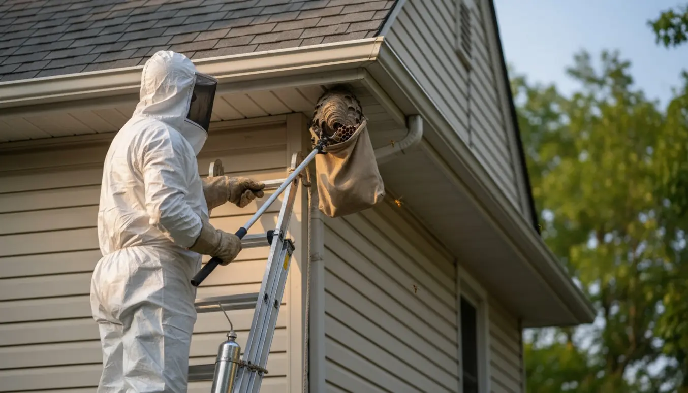 Tekniker i beskyttelsesdragt fjerner et hvepsebo højt under tagudhænget på en to-etagers bolig.