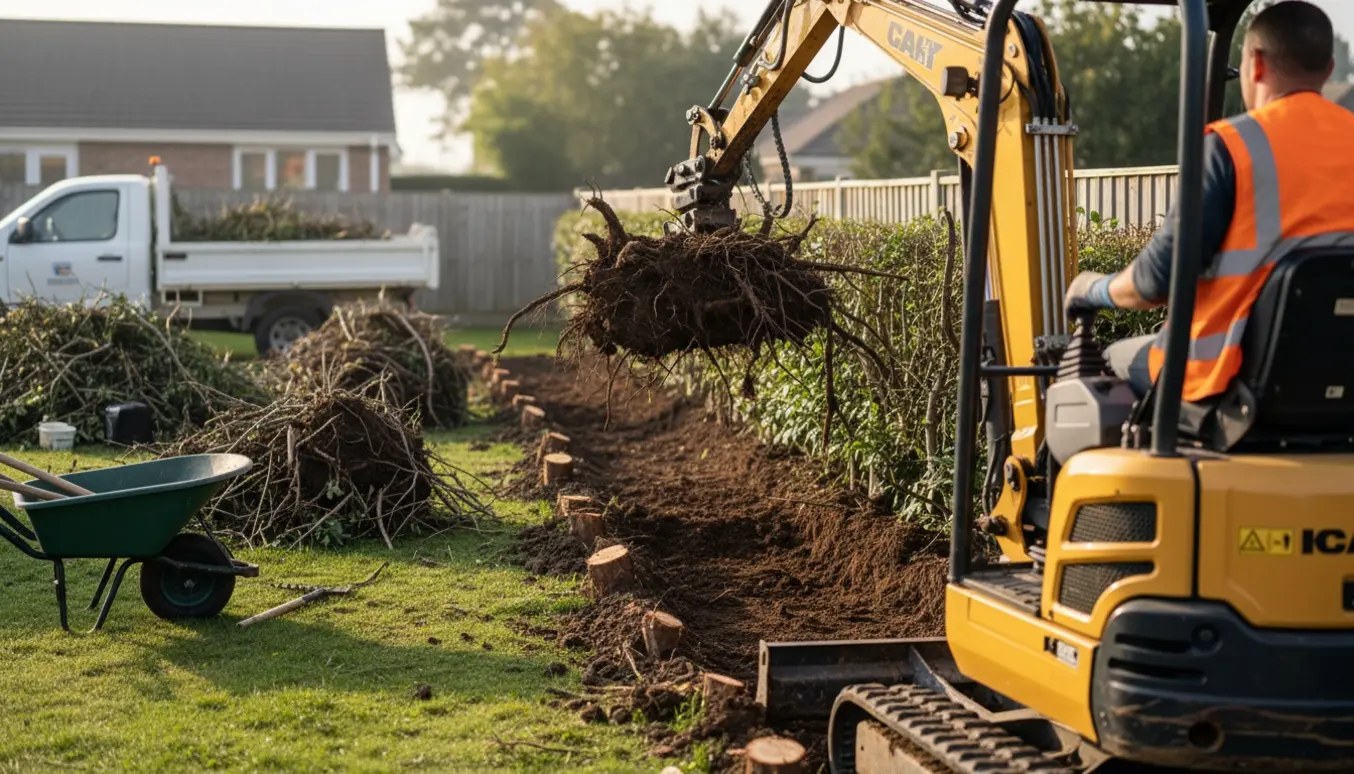 En lille gravemaskine trækker rødder op af en ca. 23 meter lang ligusterhæk, med bunker af afklippede grene klar til bortkørsel.