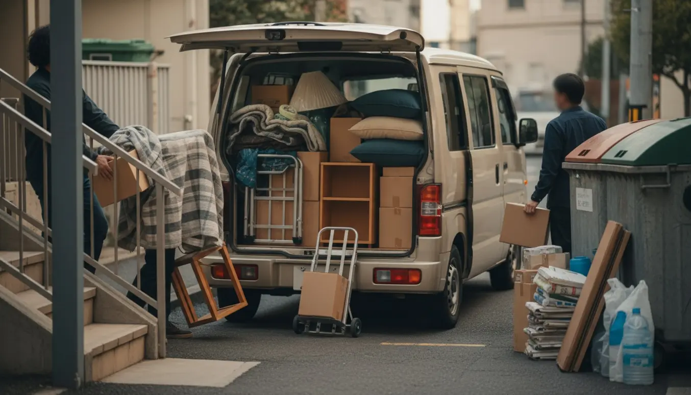 Varevogn læsses med møbler og kasser ved en genbrugsplads, mens ting bæres ned ad en opgang.