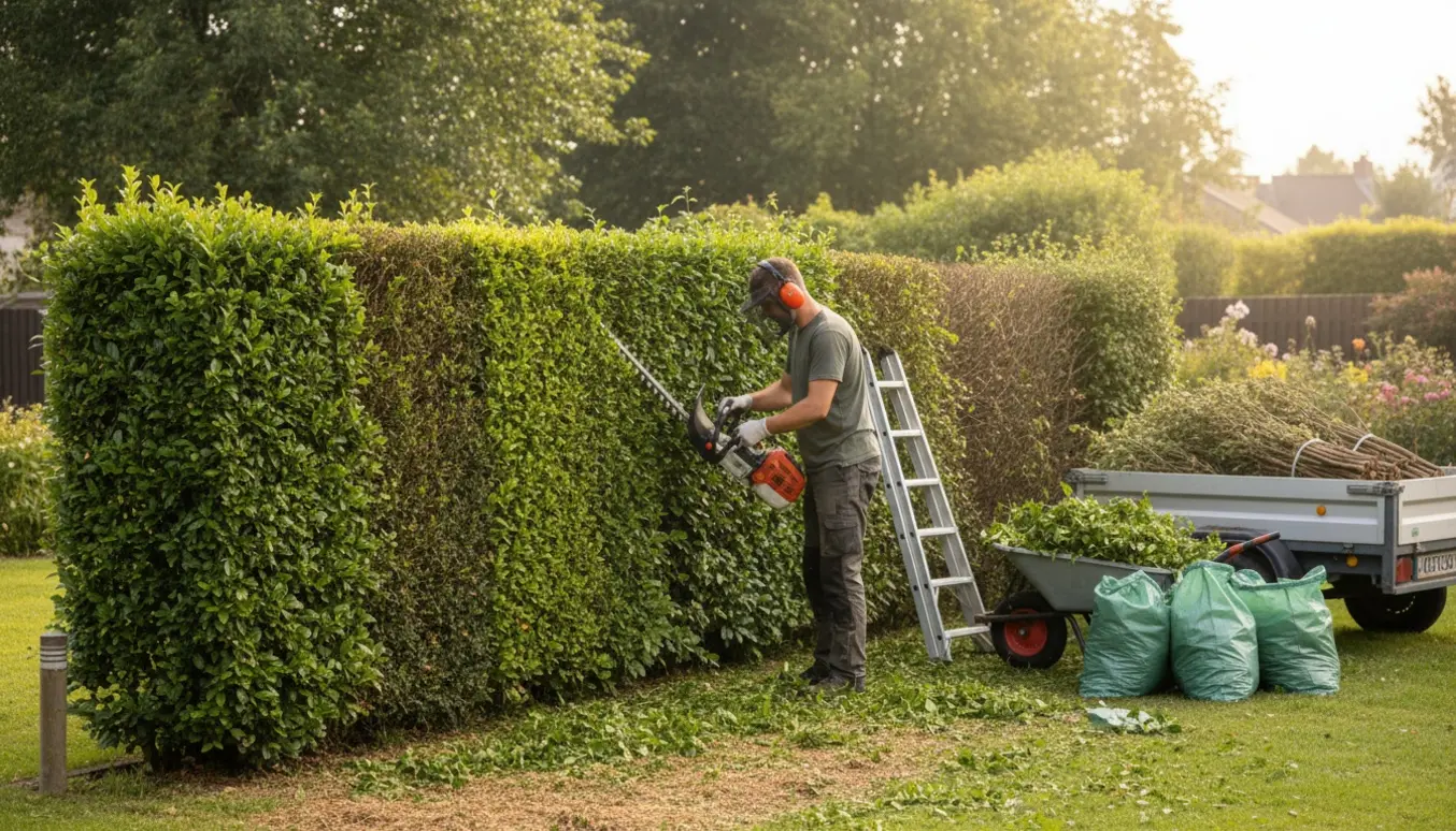 Hækklipning af ligusterhæk med trimmer, trillebør og bundter klar til bortkørsel.