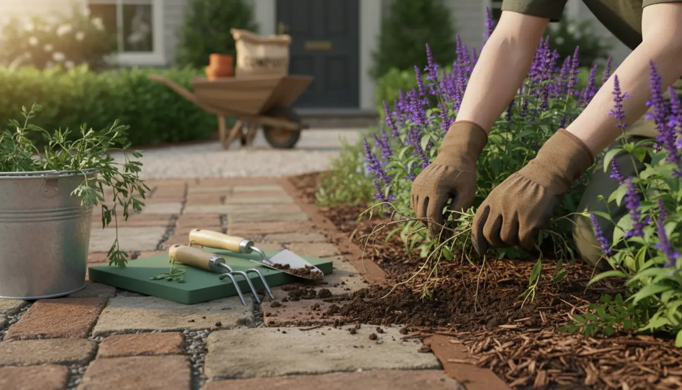 Hænder i havehandsker fjerner ukrudt fra en blomsterbed ved gangstien i forhaven.