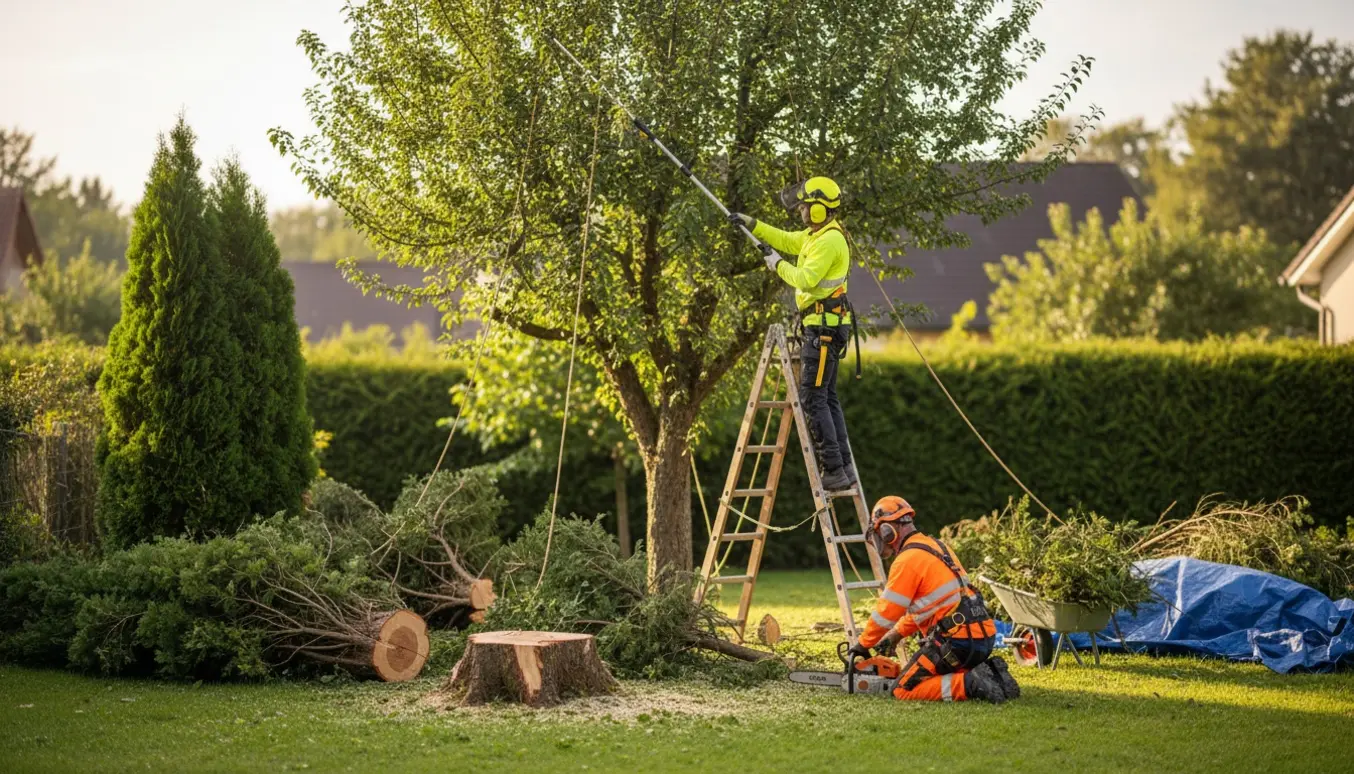 Topbeskæring af mirabel og fældning af to tujaer og en taks i en privat have med kædesav og stiger.