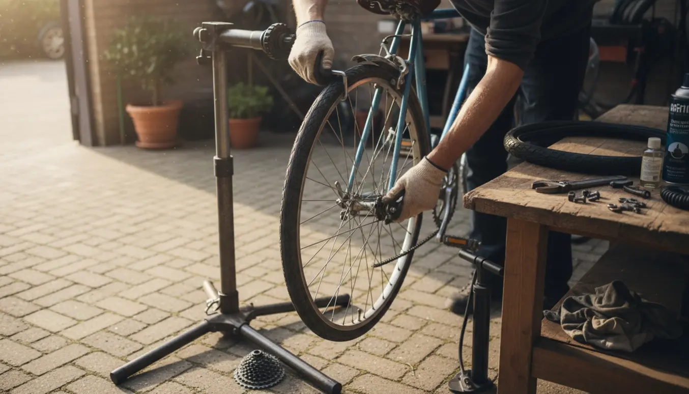 Nærbillede af en ældre cykel på arbejdsstativ med udskiftning af dæk og smøring i en solbeskinnet garage.