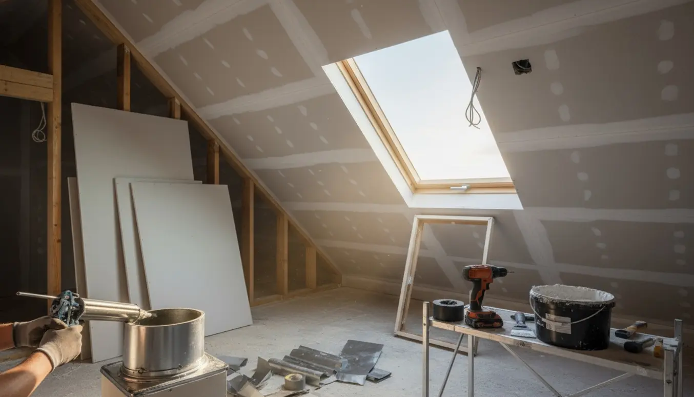 Delvist færdigt loft med gipsplader, åbning til tagvindue, skorstensinddækning under tætning og løse el-ledninger.