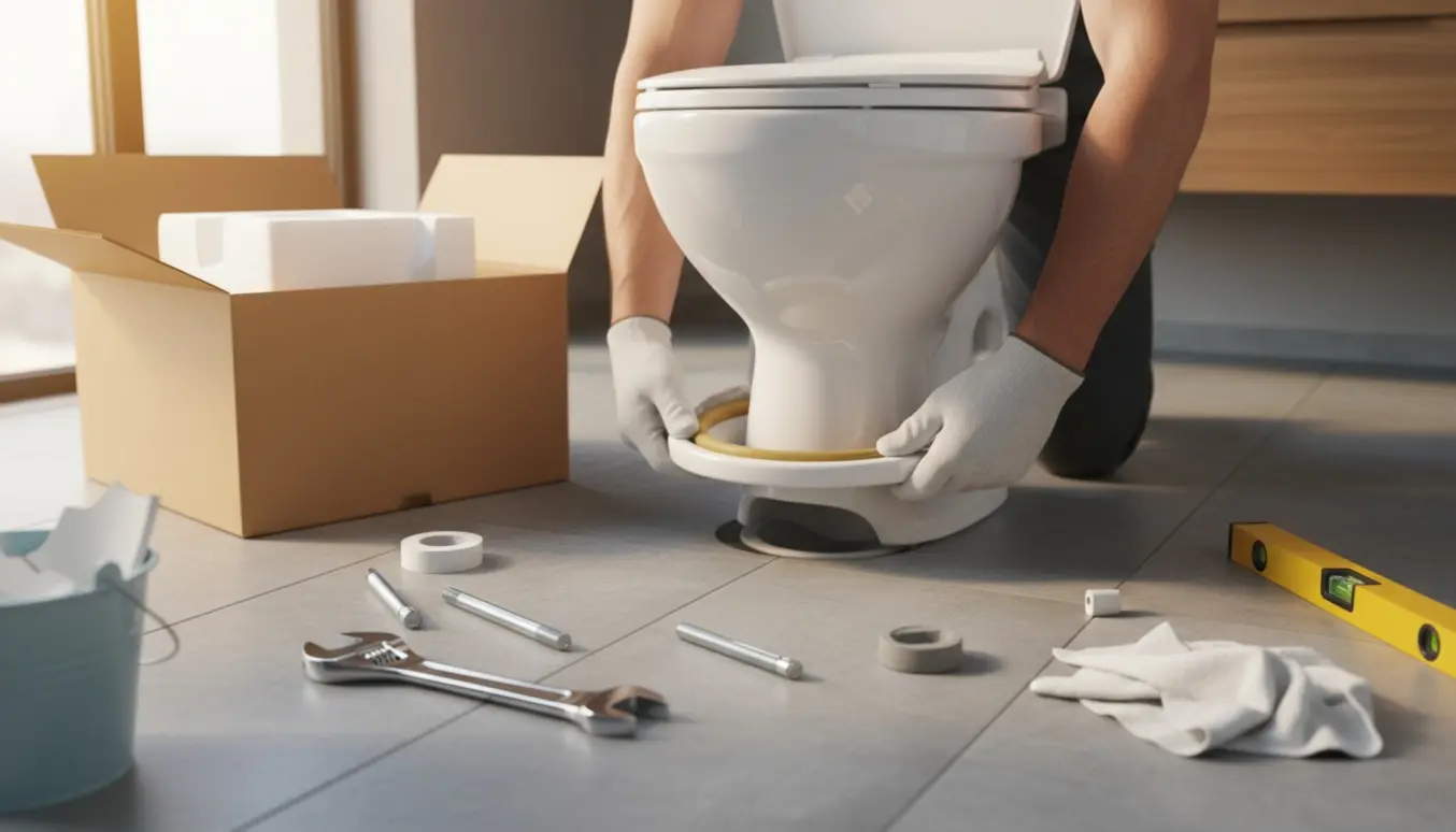 Håndværker monterer et nyt toilet i et lyst badeværelse, kun hænder og værktøj er synlige.