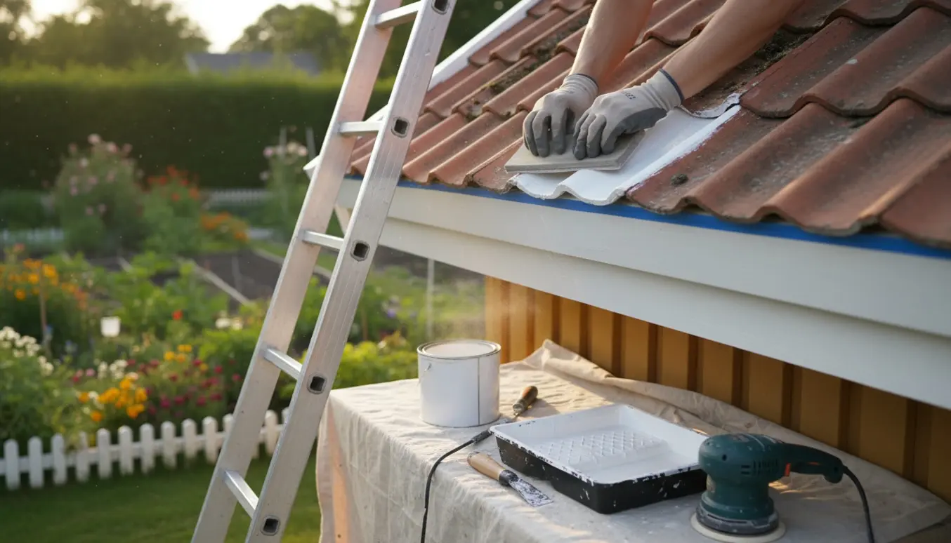 En person sliber og maler vindskeder på et kolonihavehus med stige, pensel og malerbøtte.