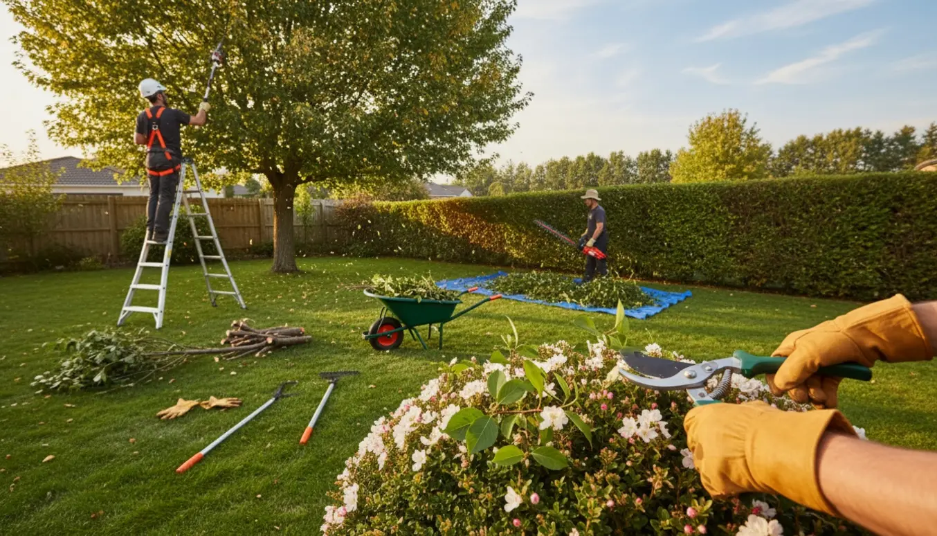 Havescene med beskæring af hække, buske og et stort træ med haveredskaber og afklip på græsset.