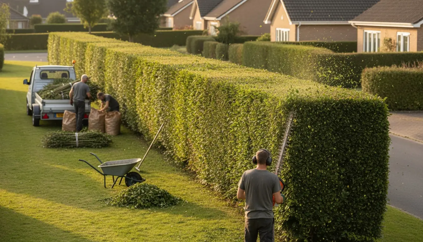 Professionel klipning af en 2 meter høj bøgehæk med trailer og bunker af hækkeklip klar til bortskaffelse.