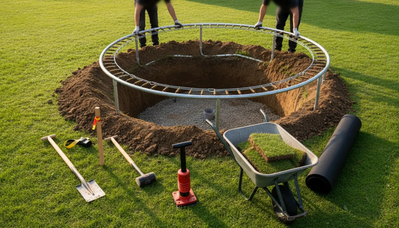 Delvist nedgravet rund trampolin i en baghave under installation med skovle, trillebør og jord.