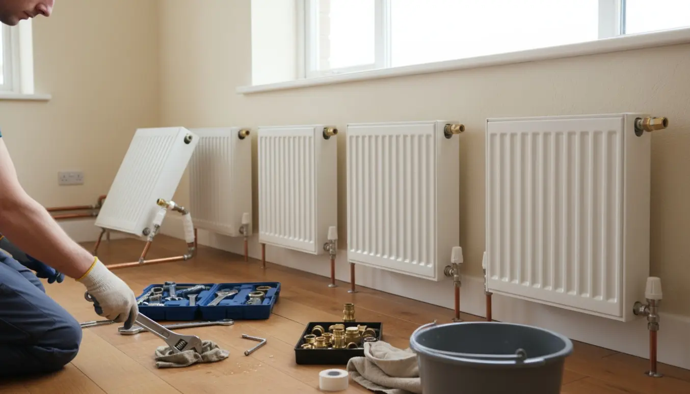 En VVS'er afmonterer og plomberer fem vægradiatorer i et lyst rum med værktøj på gulvet.