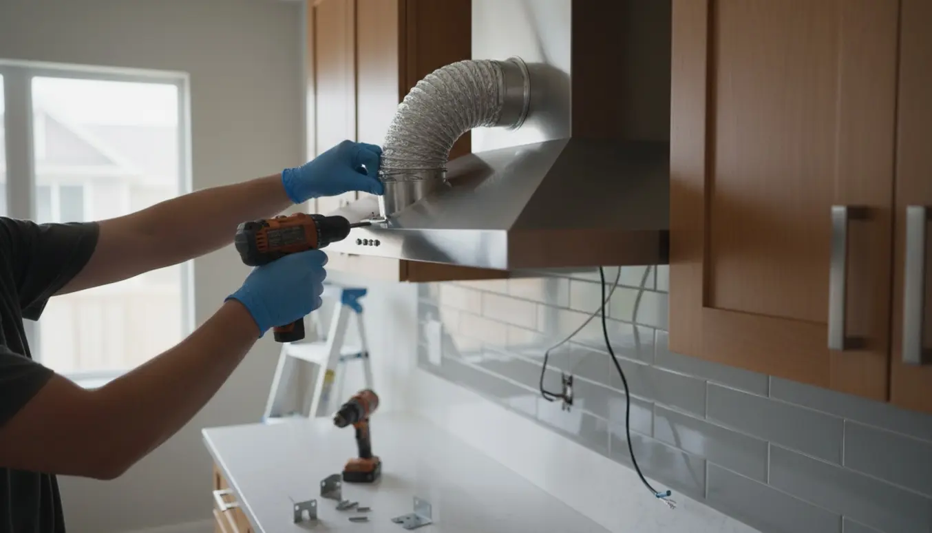 Installatørens handsker monterer en ny rustfri emhætte i et lyst, moderne køkken med boremaskine og aftrækskanal synlig.