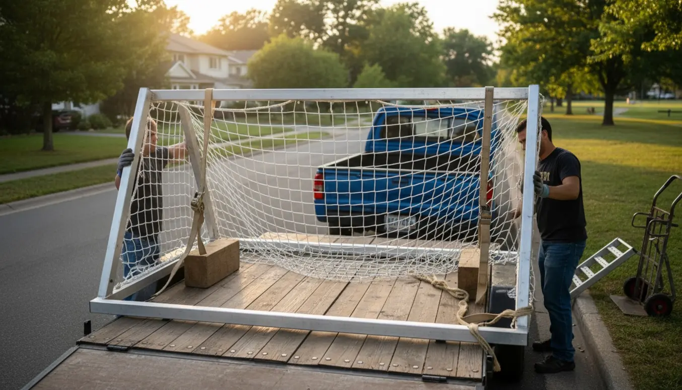 Et 3x2 meter fodboldmål fastspændt på en åben trailer ved en stille villavej, to hjælpere sikrer det med stropper.