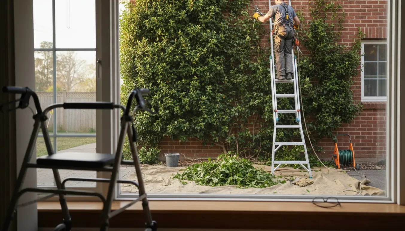 Udsyn fra første sal gennem et vindue mod en lang stige og arbejde med at fjerne vedbend på husmuren.