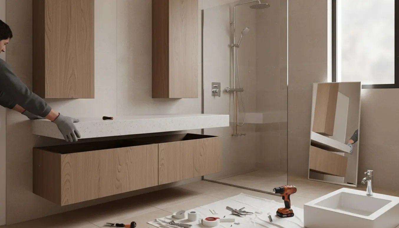 Montering af bruser, vandhane, skabe og en 120 cm bordplade i et nyt badeværelse med værktøj og hænder synlige.
