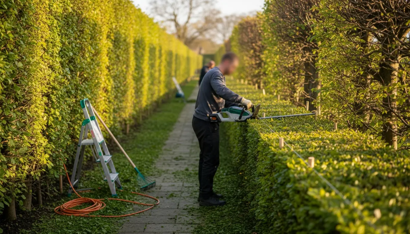 Lang havegang med bøgehække på begge sider, hvor en hånd klipper toppen ensartet og friske kviste ligger på stien.