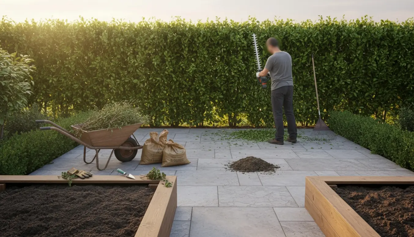 Lille have på ca. 80 m² med en person set bagfra, der klipper en 10 m lang hæk mens haveredskaber og affald er samlet.