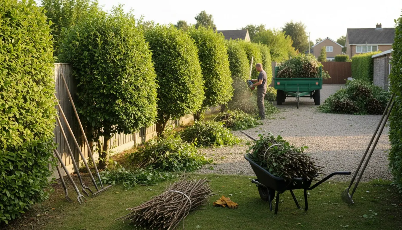 Nyklippet hæk i juni med beskårne buske og en trailer fyldt med haveaffald.