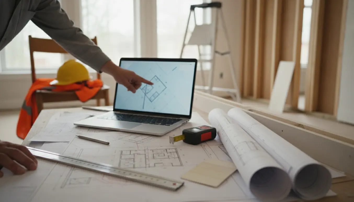 Laptop med sløret Revit-plantegning på et bord omgivet af lasermåler, målestok og udprintede tegninger i et opmålingsrum.