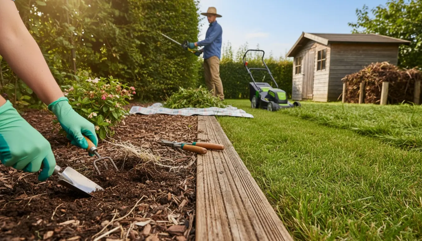 Nærbillede af havearbejde med ukrudtslugning ved terrasse, hækkeklipping, græsslåning og kompostbunke.