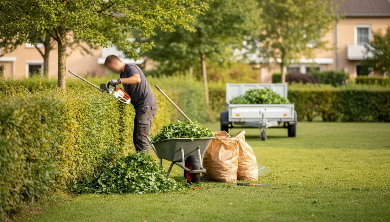 En person trimmer en 1 m høj bøgehæk med en elektrisk hækkeklipper, mens friske afklip samles i en trillebør og haveposer.