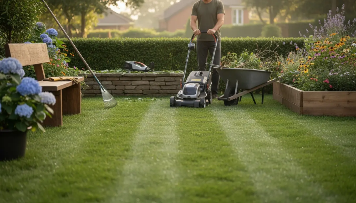 Havearbejde i en forhave med nyslået græs, hækkeklip og haveredskaber klar til brug.