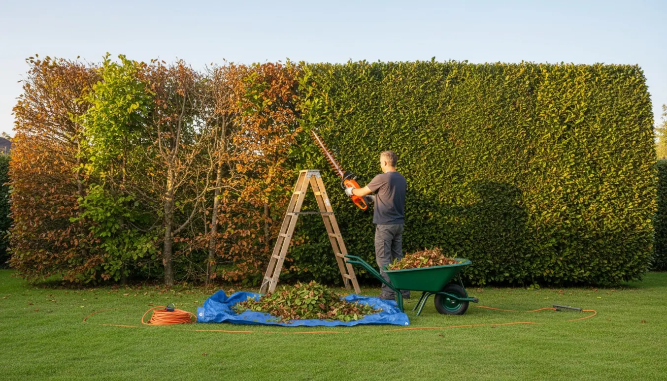 Bøgehæk på ca. 2 m bliver klippet med el-hækklipper ved en stige, mens afklip samles i en trillebør.