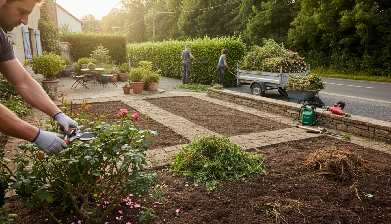 Havearbejde med beskæring af roser, trimning af bøgehæk og trailer fyldt med haveaffald.