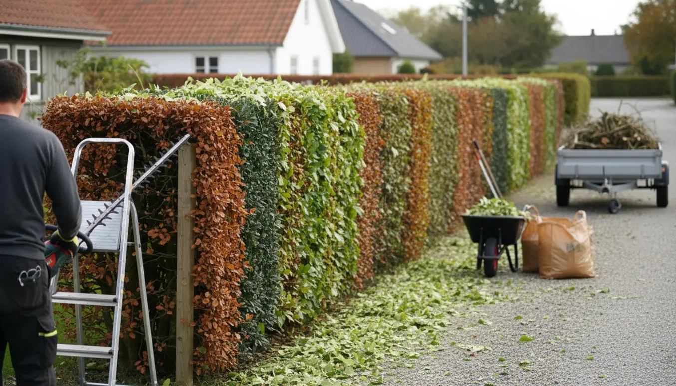 En person klipper en lang blandet hæk i Lyngby, med afklip samlet i trillebør og trailer.